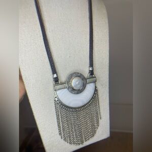 Lucky Brand Statement Necklace - Leather, Agate, and Pearl